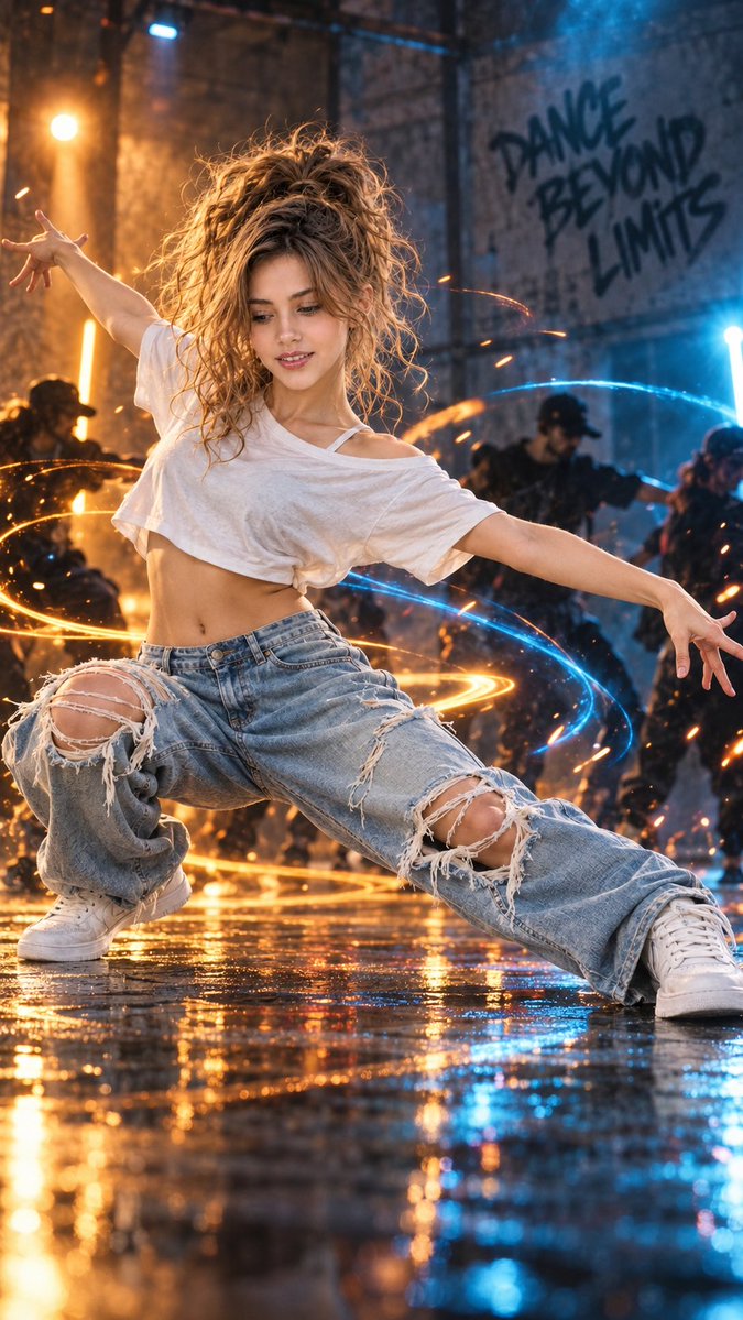 Dancer freezes in dynamic lunge amid swirling golden and blue light