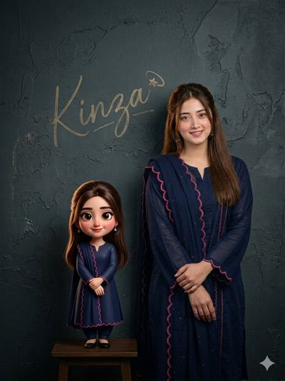 Woman and her miniature double pose in matching dresses