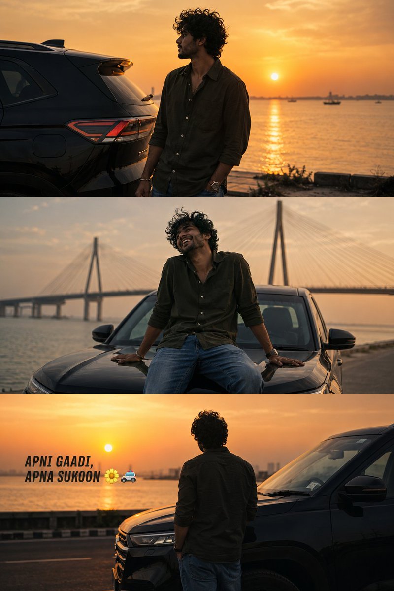 Young man in olive shirt gazes at sunset beside black SUV