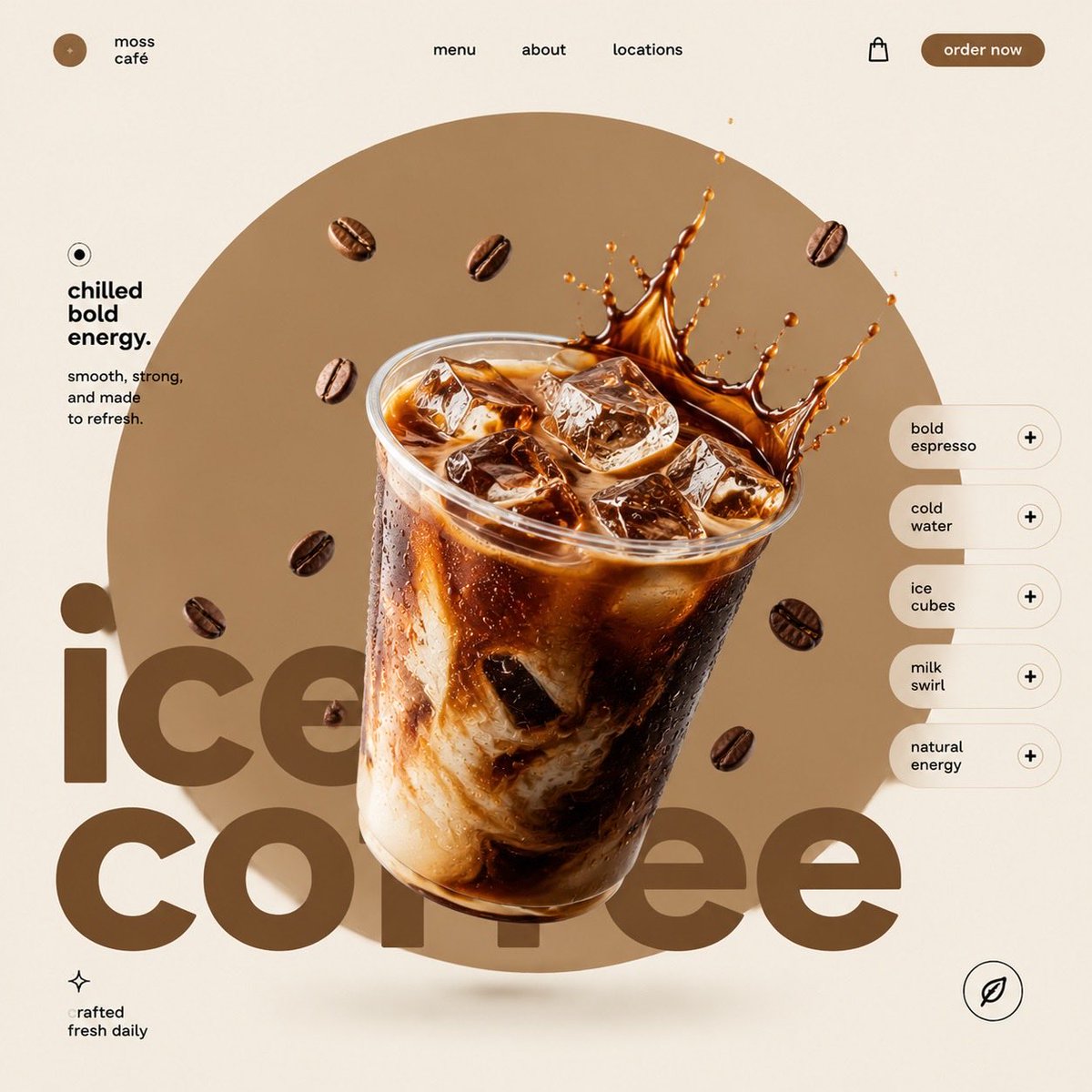 A glossy donut floats center stage in minimalist cream layout