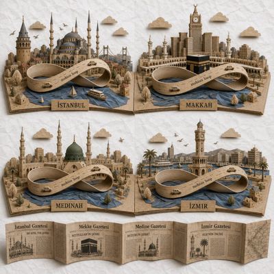 Cardboard diorama shows four global cities linked by a Möbius road