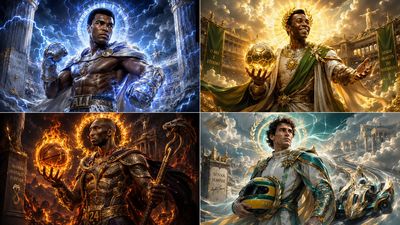 Deified athletes sit on Mount Olympus thrones in celestial light