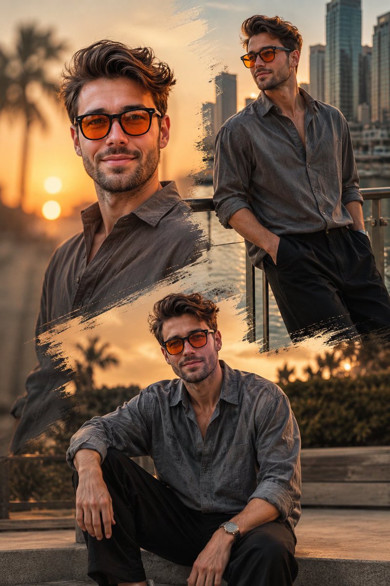 South Asian man in orange sunglasses poses during golden hour