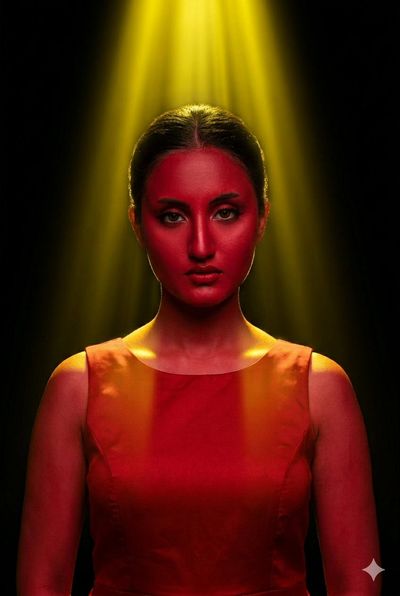 A woman in crimson red stares intensely under a yellow spotlight