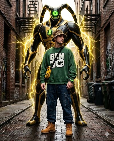 Urban Warrior with Biomechanical Guardian in Hyper-Realistic 8K Detail