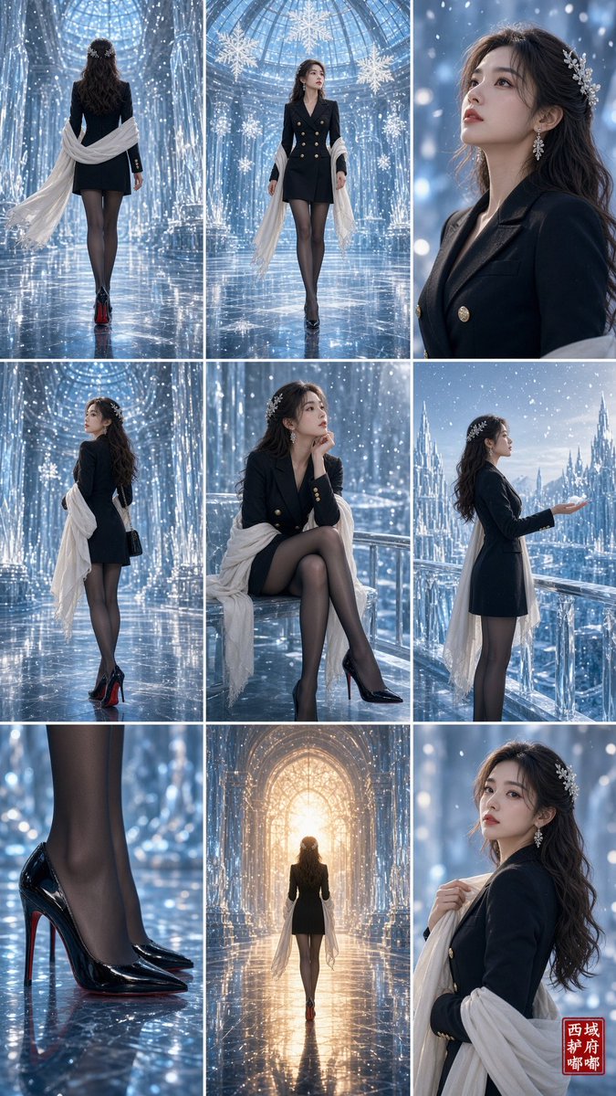 Woman in Black Blazer Dress Walks Through Ice Palace
