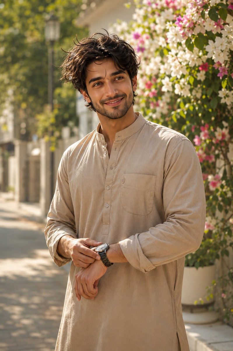 Young man in beige pathani suit touches his watch near pink flowers