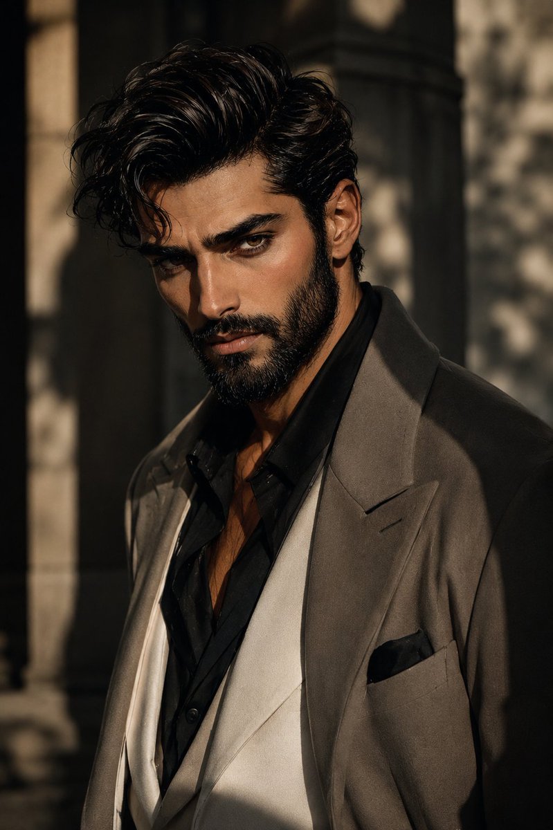 A sharp bearded man stares with intense eyes in a tailored jacket.