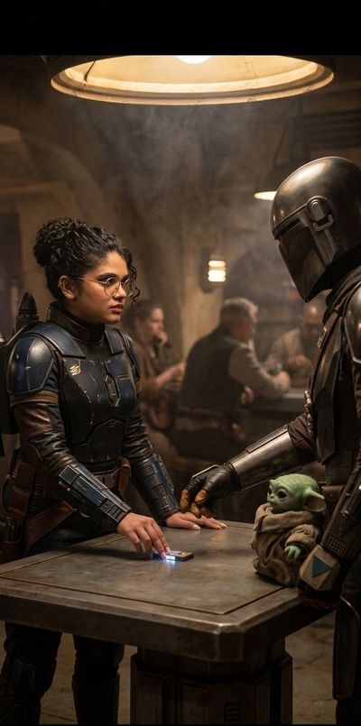 A bounty hunter negotiates a deal in a smoky cantina.