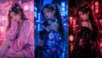 Three neon-lit K-pop girls create a vibrant fashion triptych
