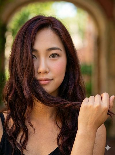 Young Korean woman smiles softly under warm archway light