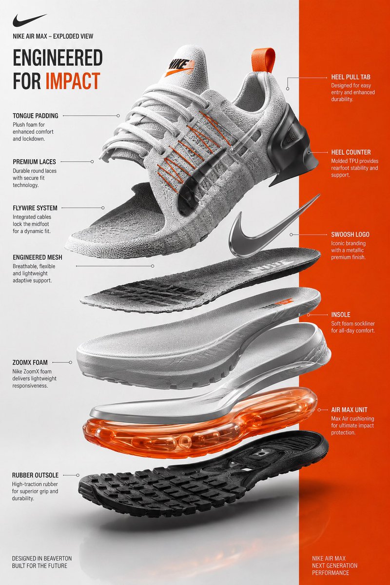 Nike sneaker components float in alignment on clean background