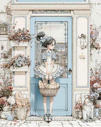 A young baker girl smiles by a cozy vintage bakery doorway