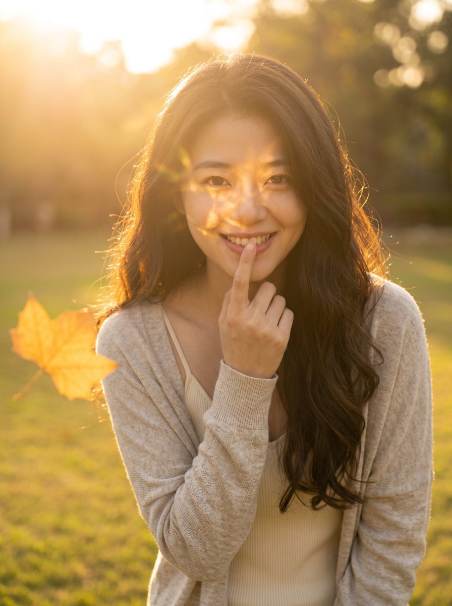 Golden Hour Smile With a Floating Maple Leaf Beside Her