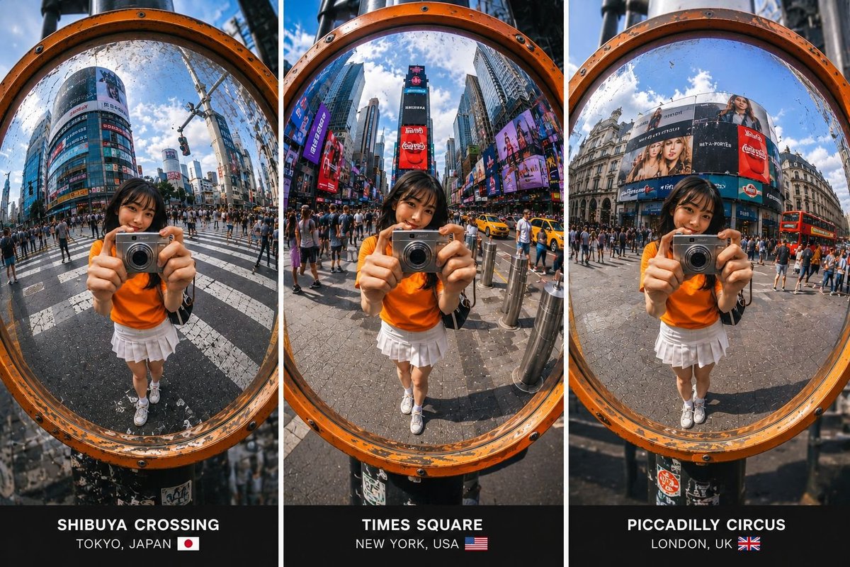 A weathered orange traffic mirror reflects Shibuya's busy crossing