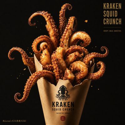 Crispy squid tentacles burst from premium paper cone packaging