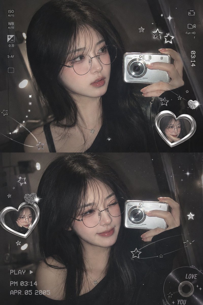 Korean girl in silver glasses takes mirror selfie with retro camera