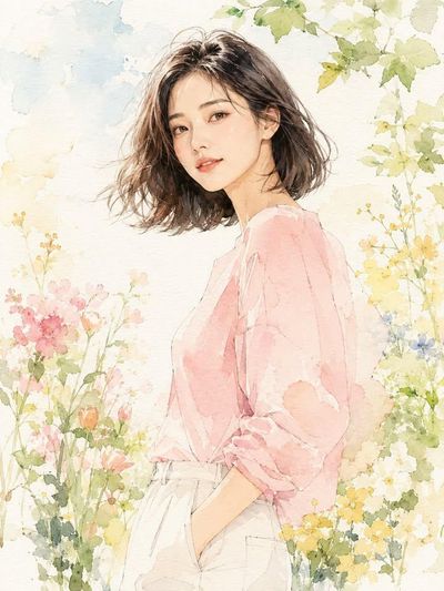 Young Korean woman with blown bob in sunny May flower garden