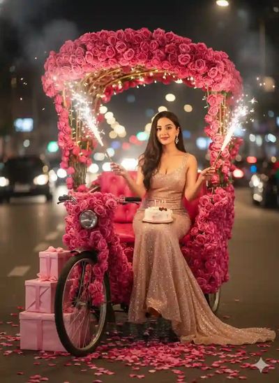 A woman in rose-gold gown holds sparklers on a decorated rickshaw.