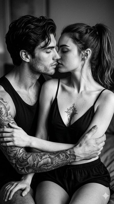 A couple shares a soft kiss in a marble bathroom mirror reflection.