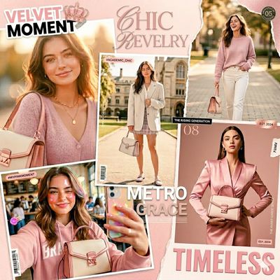 A chic scrapbook collage showcases a style icon with her handbag