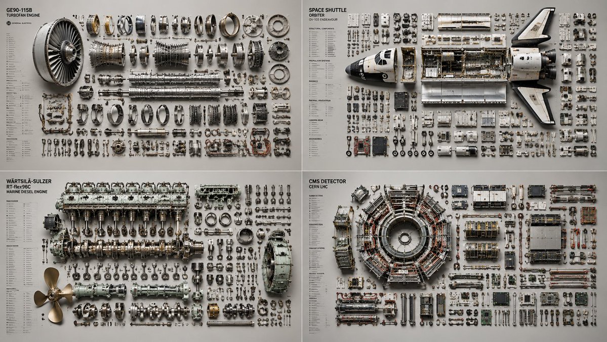 A forensic flat-lay dissects a jet engine's components with surgical precision