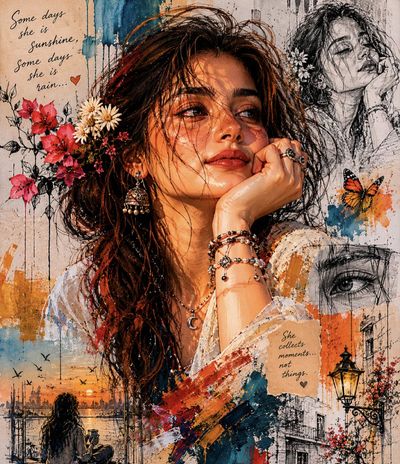 A South Asian woman rests her chin amidst daisies and journal entries
