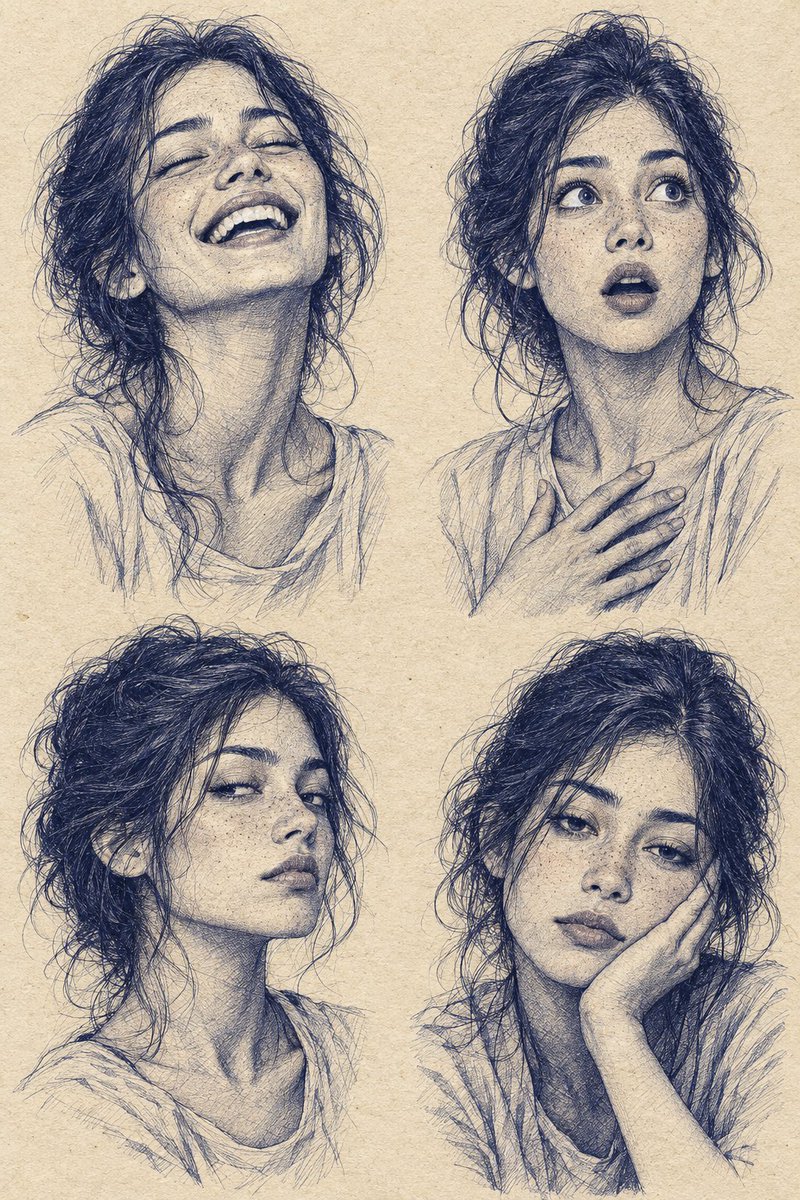 Ink Portrait Grid Captures Four Emotions on Aged Cream Paper