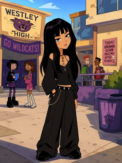 A student with glasses stands in a colorful cartoon school hallway