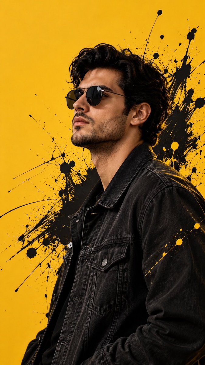 Man In Black Denim Jacket Poses Against Mustard Yellow Backdrop