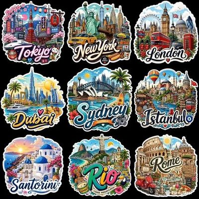 Nine vibrant travel stickers showcase iconic city landmarks on black