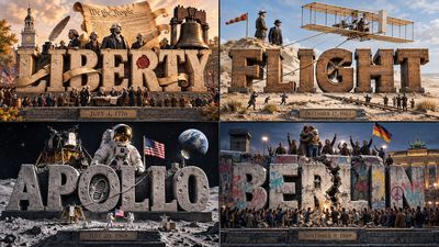Giant block letters form a monument as heroes gather above a tiny stage