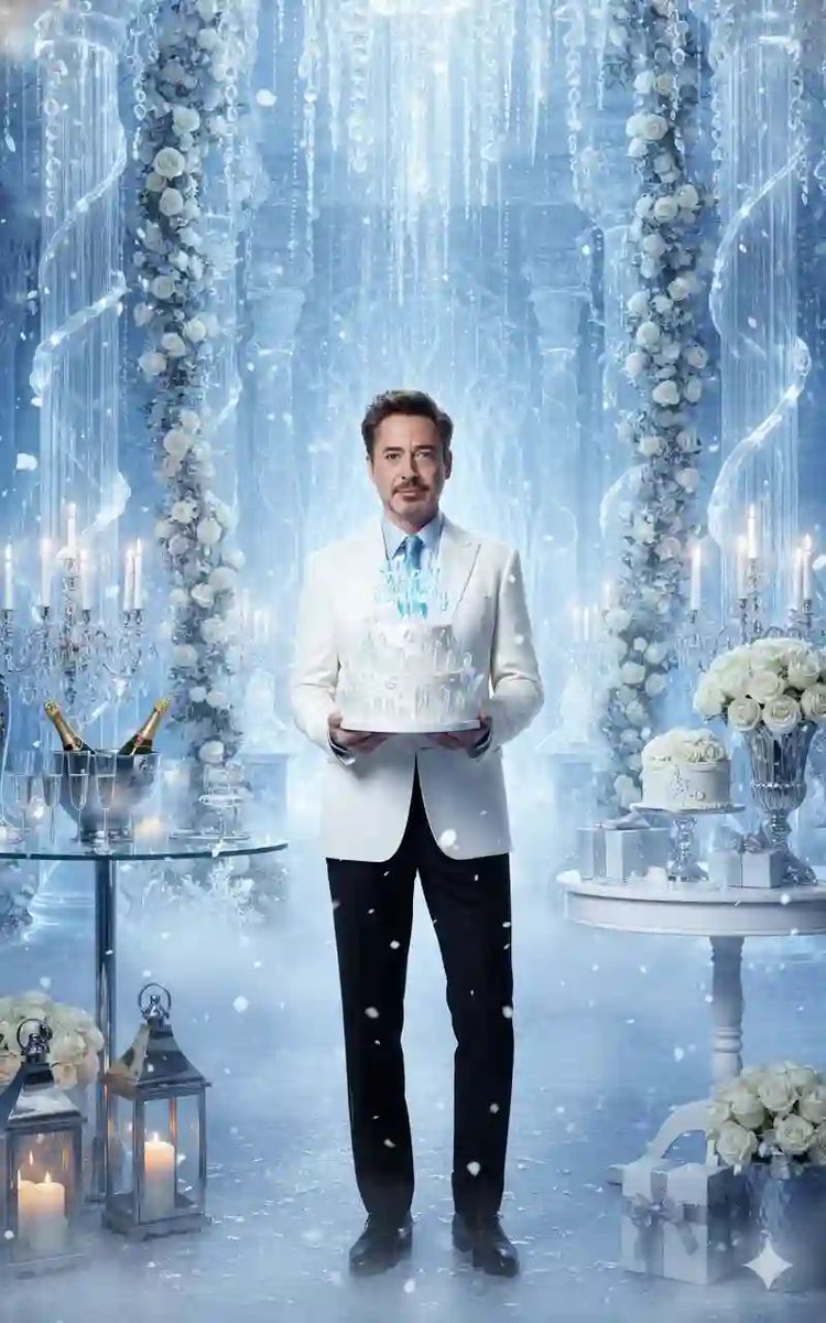 A handsome man in an ice ballroom holds a glowing birthday cake.