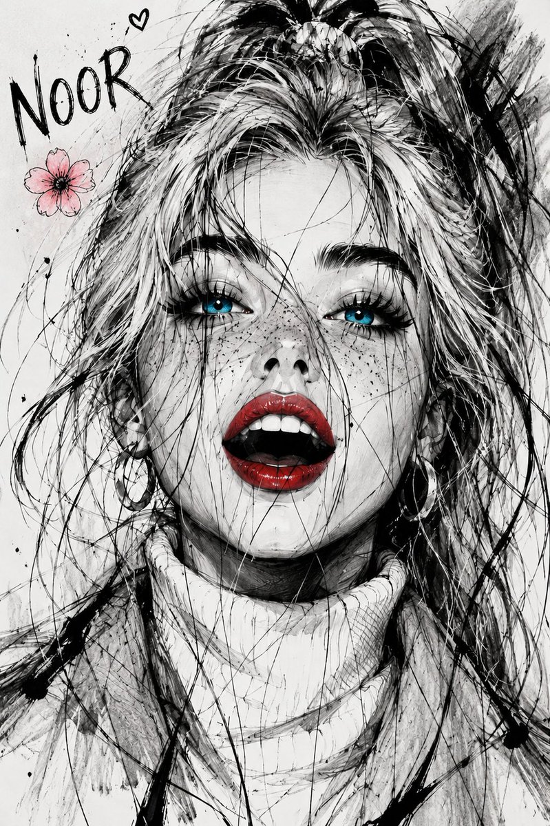 A monochrome ink portrait with sapphire eyes and crimson lips