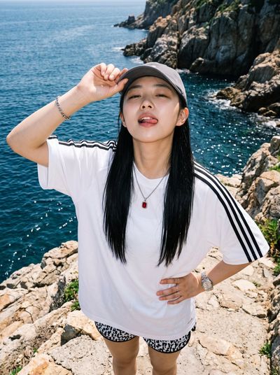 Playful Coastal Portrait of Woman in Gray Cap by Ocean