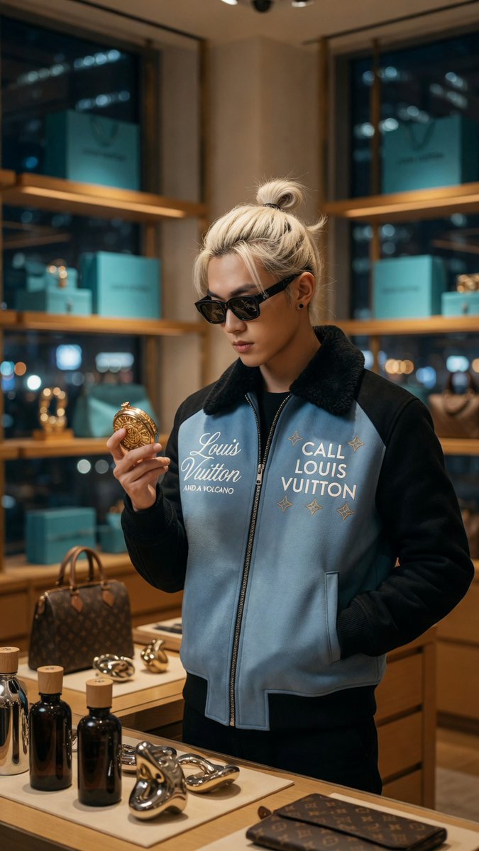 A stylish man examines a luxury object in a boutique.