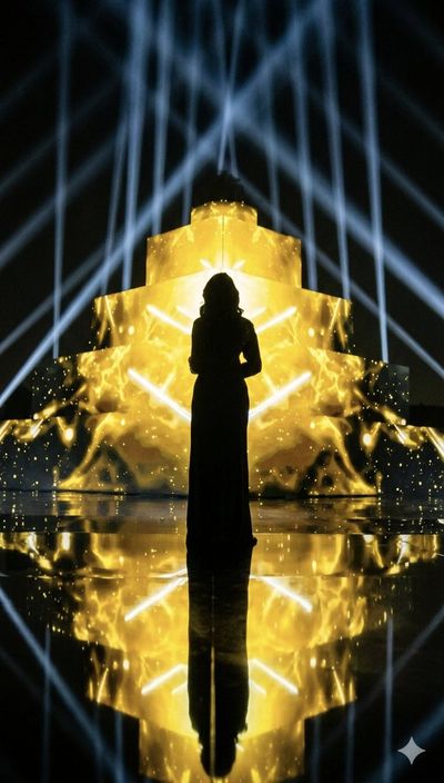 Silhouette Before the Flaming Golden Pyramid Stage