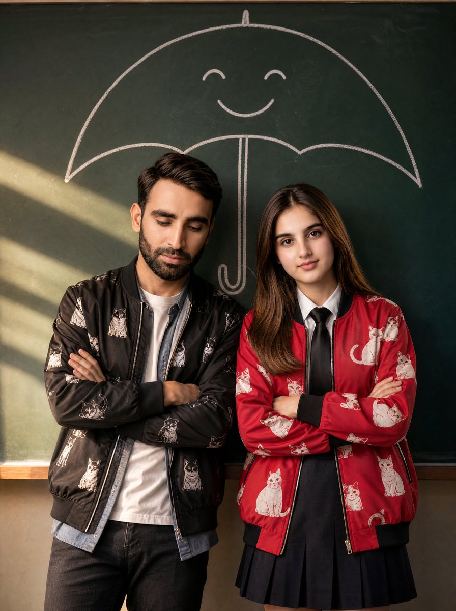 Young couple stands under a chalk umbrella in warm sunlight