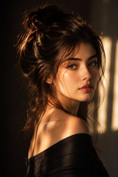 Golden hour light caresses her shoulder in a moody portrait