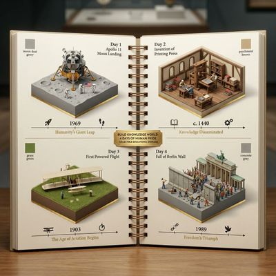 Four historic human achievements displayed in an isometric grid.