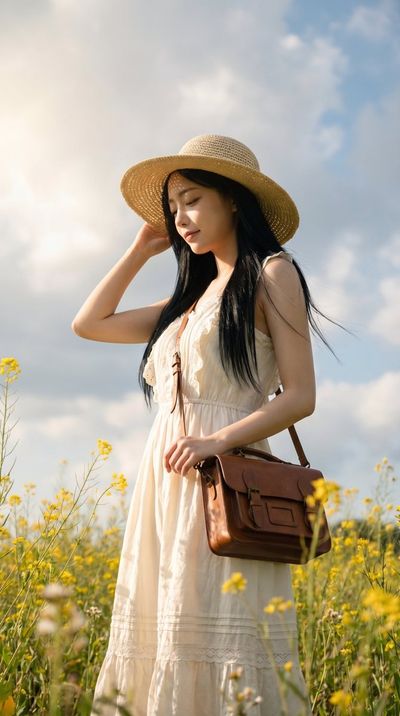 Brown Satchel Anchors Softness in Sunlit Wildflower Field