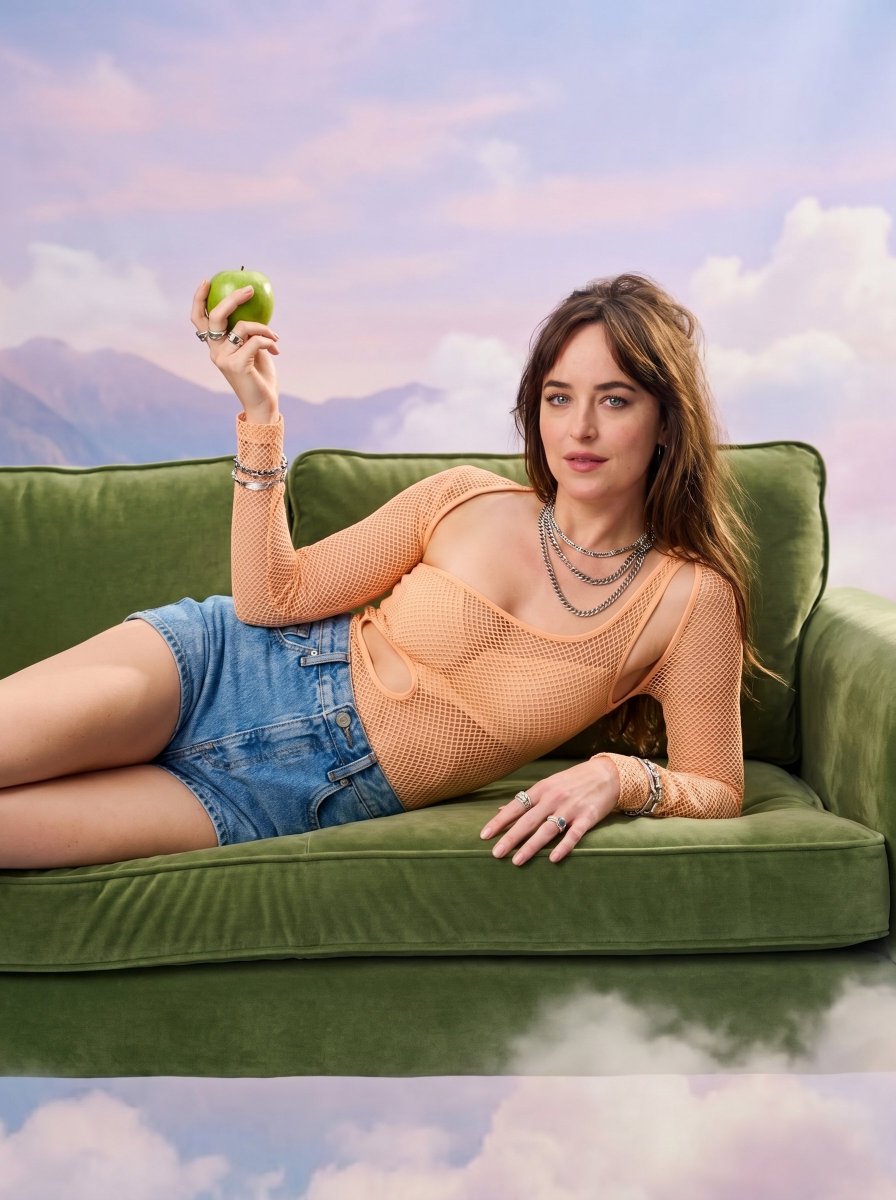 A woman in fishnet top reclines on floating green velvet couch