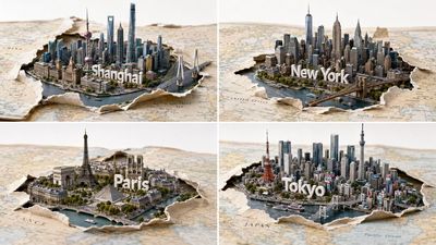 Paper map tears reveal a skyline of four iconic cities
