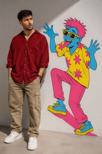 A puzzled man in red shirt casts a cartoon shadow