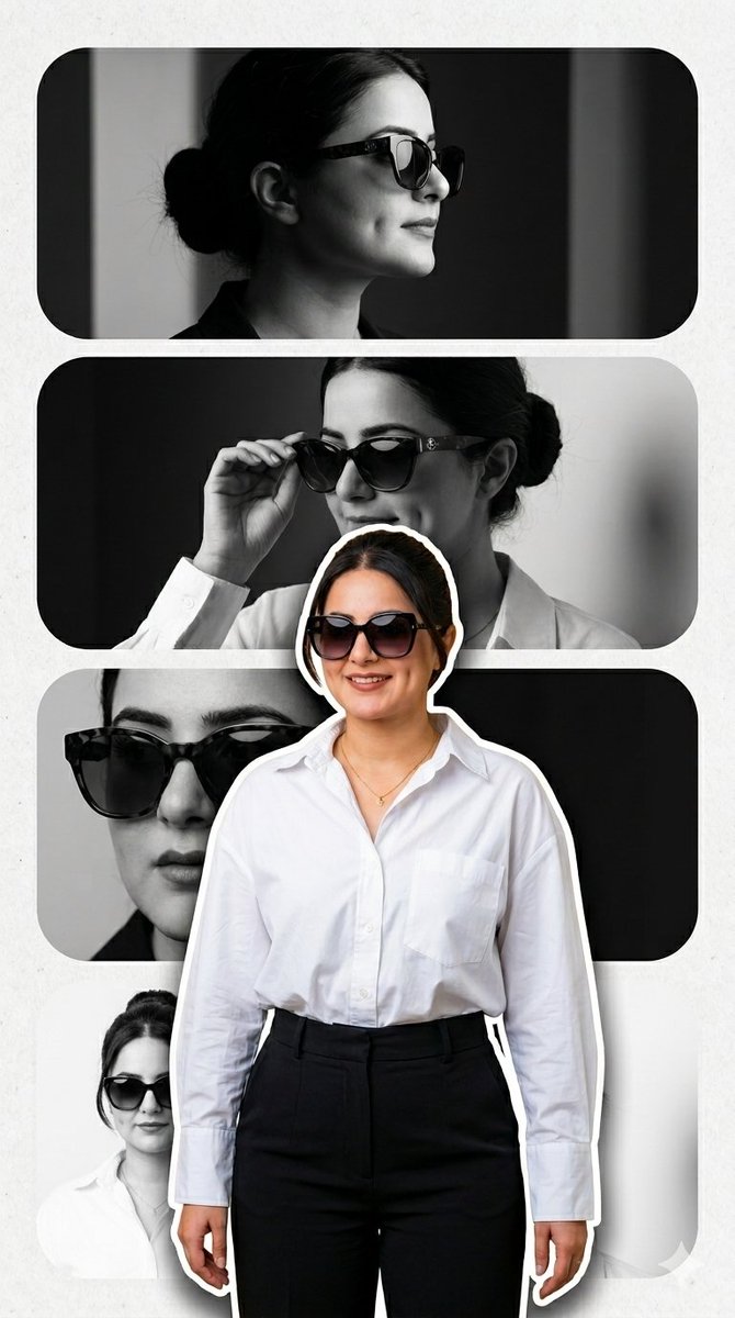 A stylish woman in sunglasses poses across stacked black and white panels