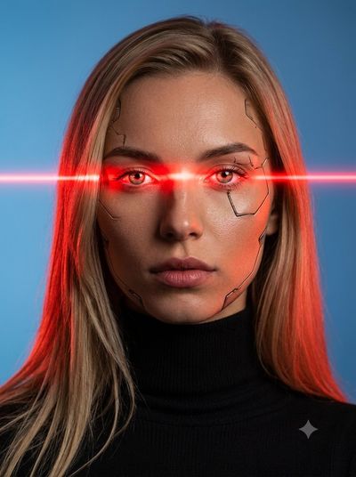 A female android with red laser eyes stares intensely into the camera.