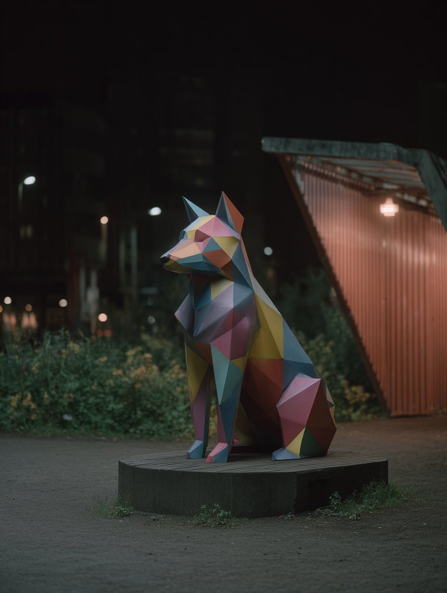 A Neon-Washed Wolf in a Foggy Urban Park