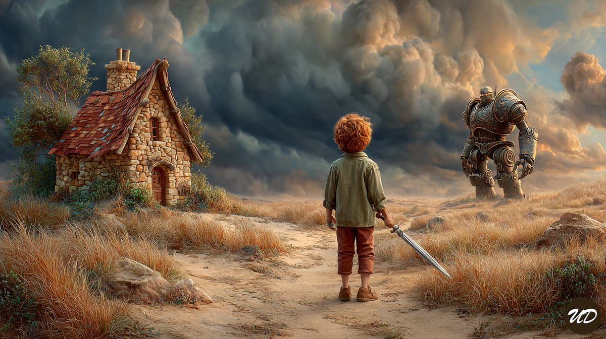 Red-Haired Boy Faces Robot in Moody Countryside