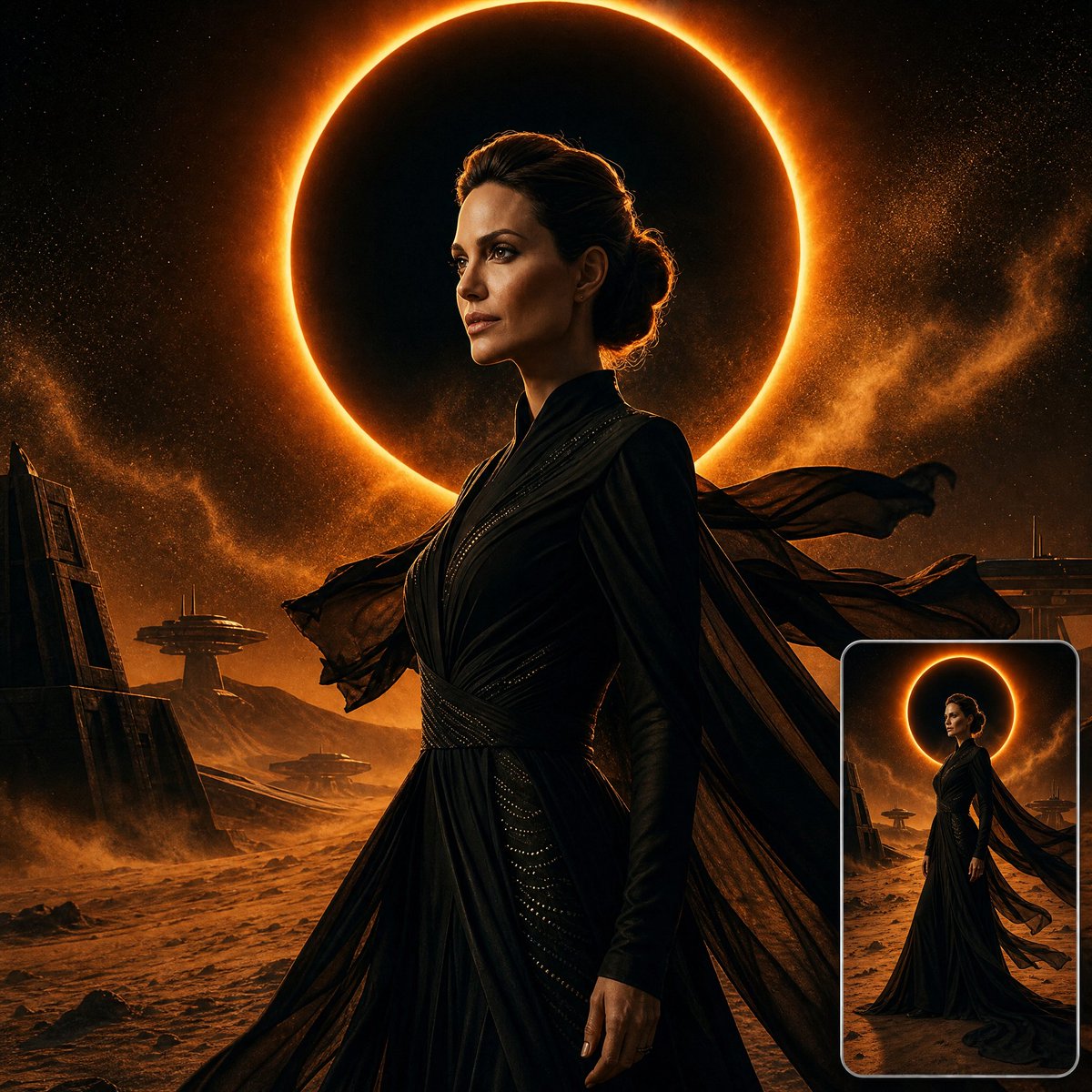 Captivating Fashion Amidst a Solar Eclipse in a Futuristic Desert