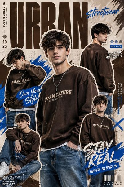 A model wears oversized streetwear in a layered collage poster